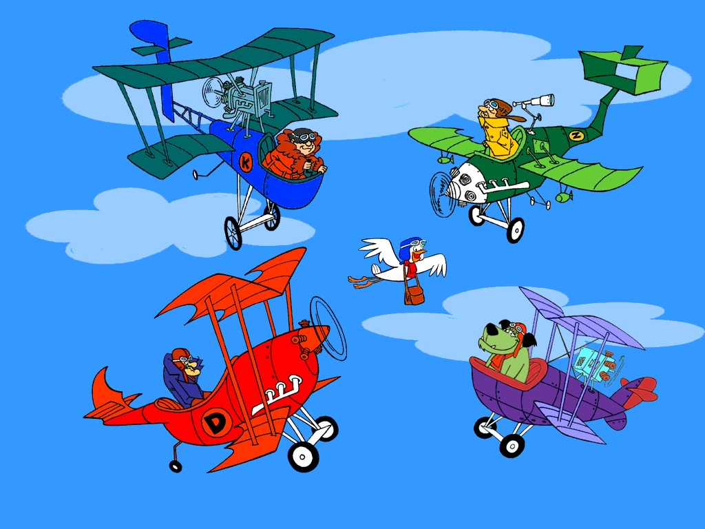 Dastardly and Muttley in their flying machines, fly through the skies.