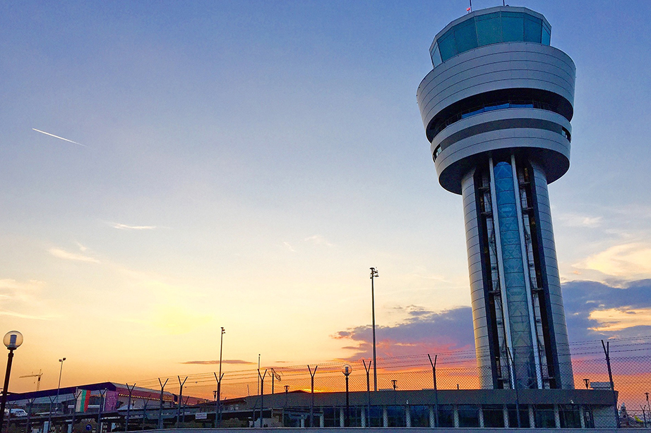 air traffic control tower at sunset