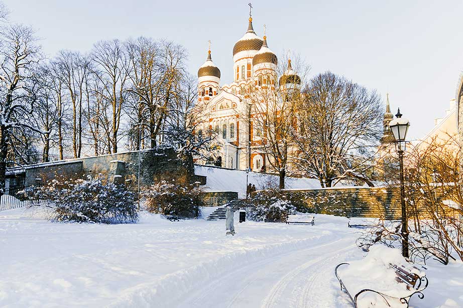cathedral tallinn surrounded by snow