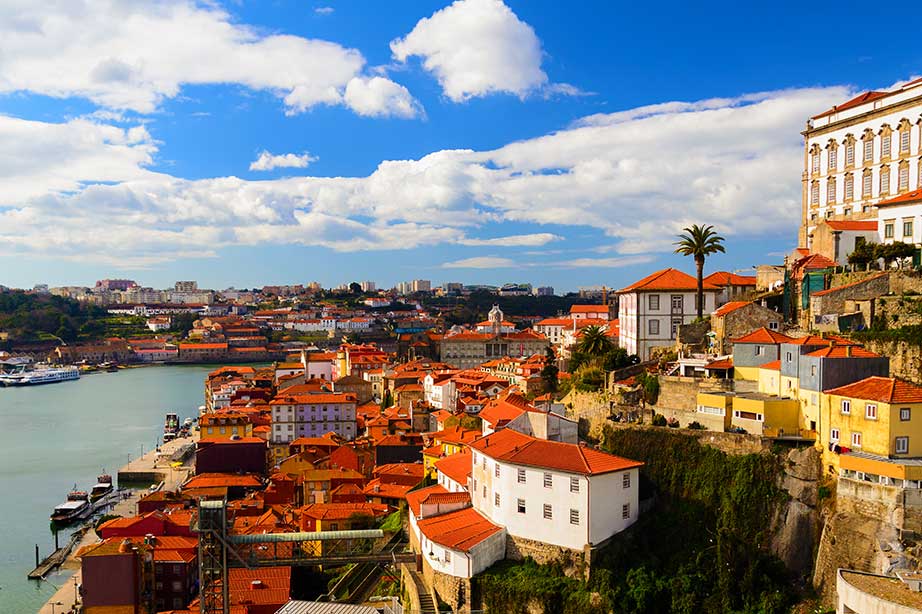view from hill in porto over old city of porto and douro river