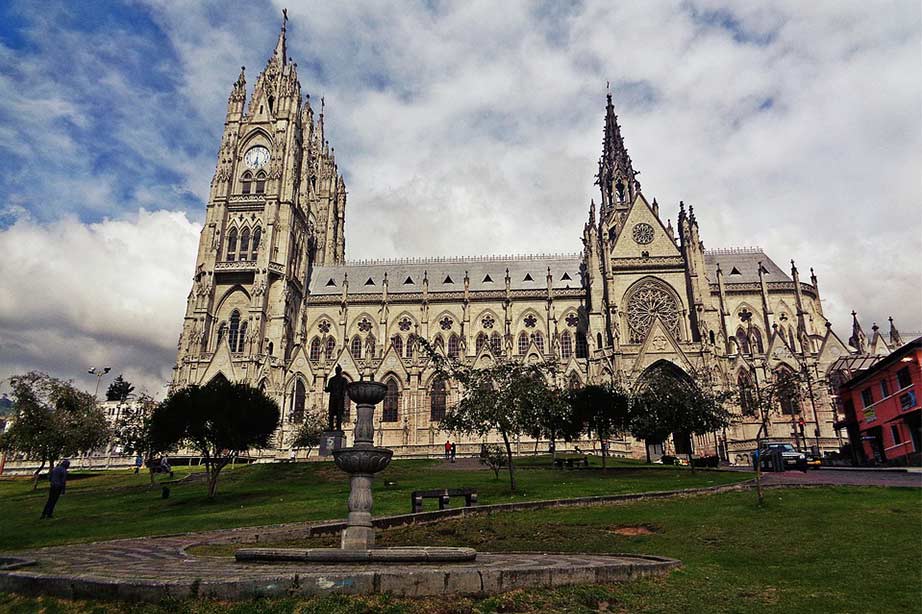 Cathedral under blue sky in the city of Quito, in Ecuador