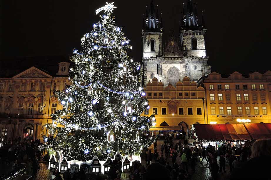 Christmas market at Old Town Square in Prague at night