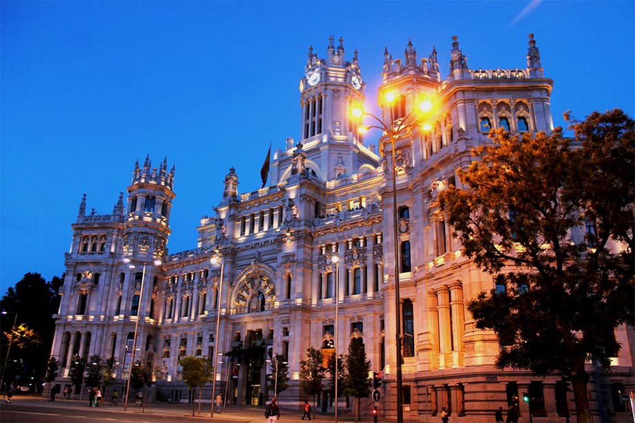 Lighted building in Madrid at night 
