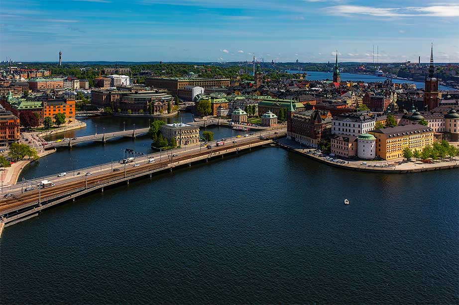 stockholm city from the sky surrounded by the ocean