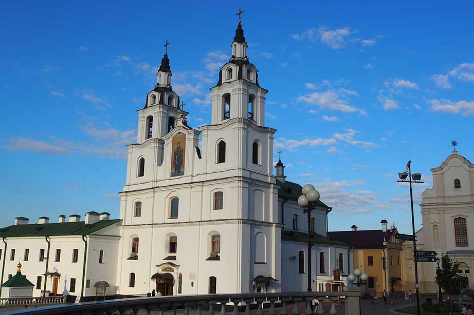 church in minsk square under a blue sky