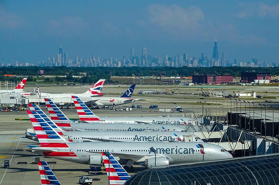 multiple american airlines airplanes at airport