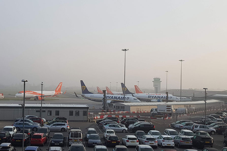 easyJet and Ryanair planes parked at London airport Southend
