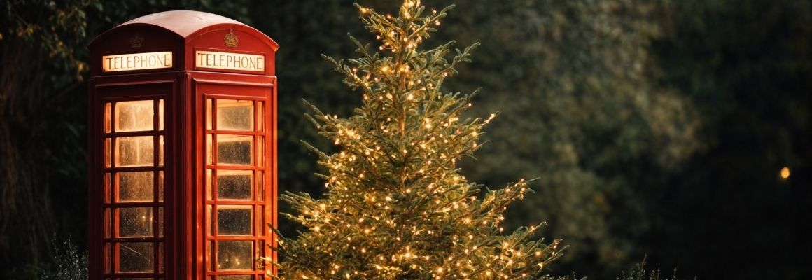 Festive Christmas scene with a red British telephone box next to a decorated Christmas tree with warm lights, symbolising holiday travel in the UK.
