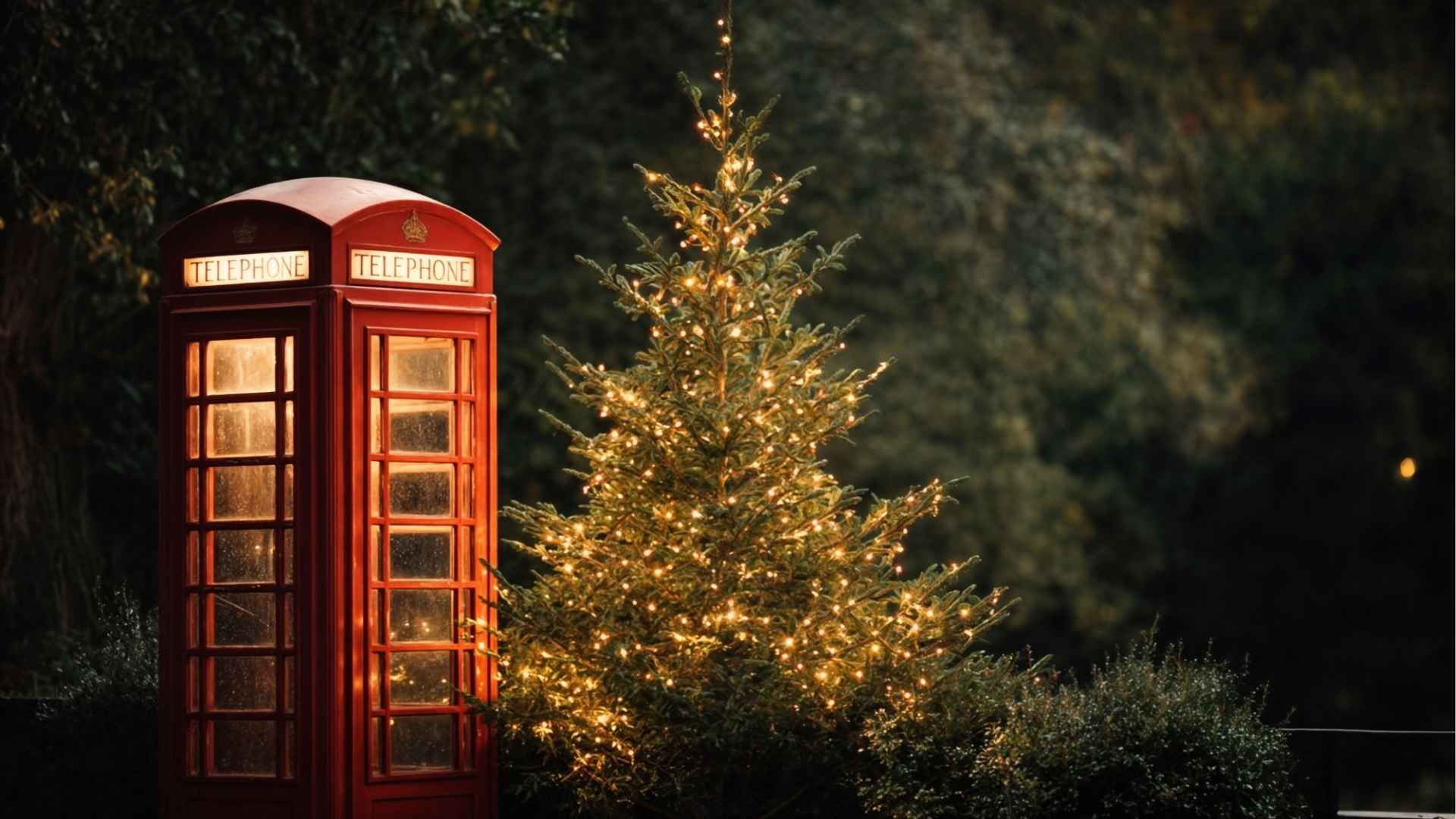 Festive Christmas scene with a red British telephone box next to a decorated Christmas tree with warm lights, symbolising holiday travel in the UK.
